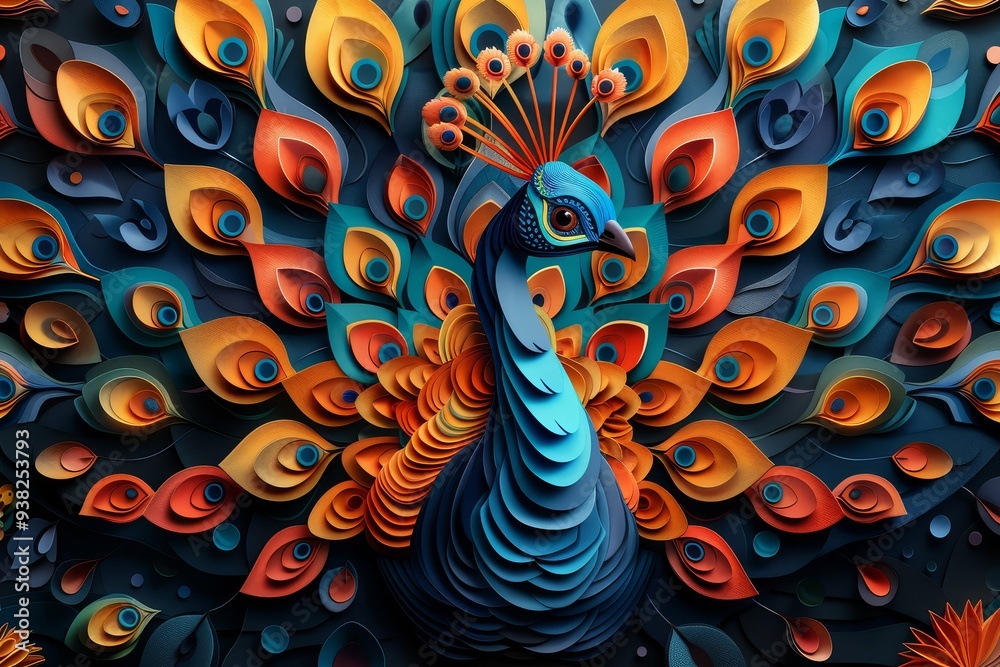 Wall mural abstract colorful paper art with beautiful peacock in the middle, symmetrical design, swirling patte