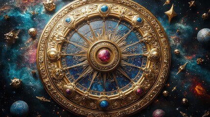 Fototapeta premium celestial zodiac wheel intricately detailed golden astrological symbols arranged in circular formation cosmic nebula swirling in starry background