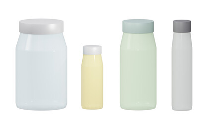 Set of 4 translucent jars of different colors and sizes. Illustration without background. 3D rendering.