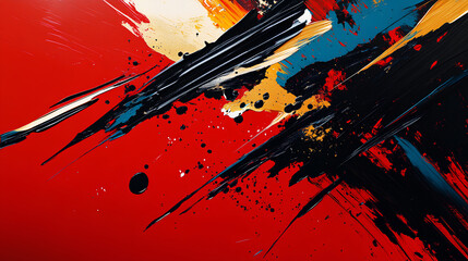 Abstract red, black, and yellow brush strokes on an isolated background.