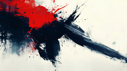 Abstract brush strokes of a black and red sword against a white background,