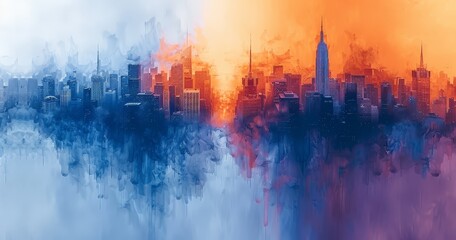 Abstract cityscape with tall buildings, minimalist painting in shades of blue and orange 