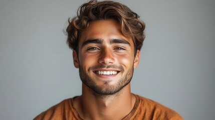 Obraz premium charismatic young man with genuine smile against clean white background natural relaxed pose highlights approachable demeanor soft lighting enhances features and creates subtle shadows
