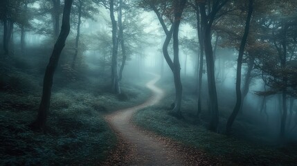 A winding, mystical trail through a dense, foggy forest with soft, ambient light creating an otherworldly effect.
