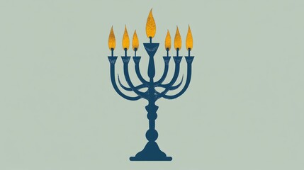Minimalist Blue Menorah with Warm Yellow Flames on Light Gray Background