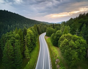 Fototapeta premium Top view from drone of road in woods. Beautiful landscape with roadway in hills