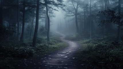 Fototapeta premium A winding, mystical trail through a dense, foggy forest with soft, ambient light creating an otherworldly effect.