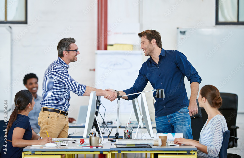 Poster group, meeting and handshake in boardroom, creative and ideas for project, welcome and suggestions. 