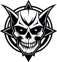 A black and white drawing of a skull with a black outline