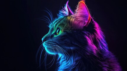 A majestic cat with vibrant, colorful lighting creates a stunning contrast against a dark backdrop, showcasing its regal features.