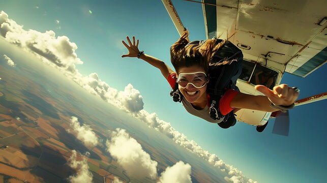 Woman in a dynamic freefall from an airplane, showcasing the exhilarating experience of skydiving with a vast sky backdrop and a sense of speed and freedom