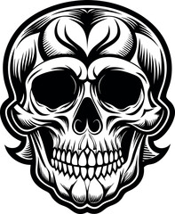 A black and white drawing of a skull with a black outline
