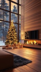 Fototapeta premium Elegant Christmas Tree with Glowing Lights in Modern Home Interior, Cozy Winter