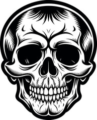 A black and white drawing of a skull with a black outline