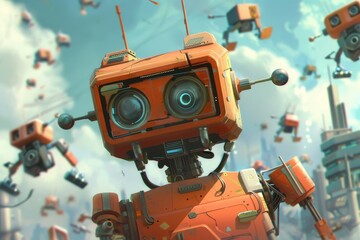 Fototapeta premium robot with orange eyes standing in front of group of flying objects, futuristic robot with goofy expression on its face, surrounded by flying gadgets