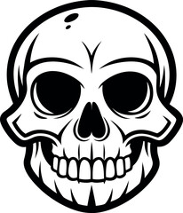 A black and white drawing of a skull with a black outline
