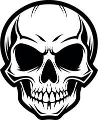 A black and white drawing of a skull with a black outline