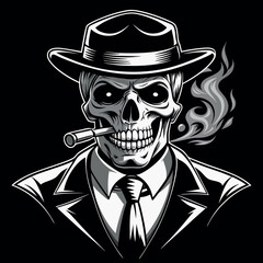 A black and white drawing of a skull with a black outline