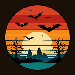 Fototapeta premium Halloween Sunset with Bats and Moon T-Shirt Design