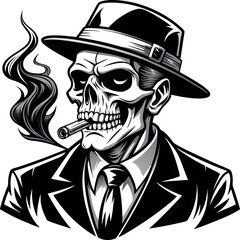 A black and white drawing of a skull with a black outline