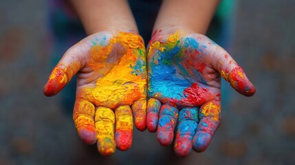 childs hands covered in vibrant paint closeup view joyful mess artistic expression bright colors on skin