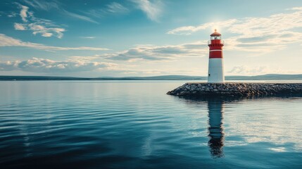 A picturesque lighthouse shining brightly, ensuring safe passage into the harbor.