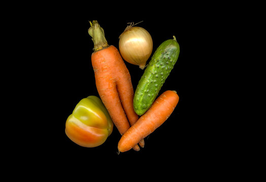still life of vegetables (cucumber, pepper, carrot, onion), scanography