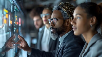 Diverse team analyzing data on large screen. Generative by AI