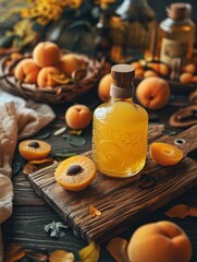 Colorful bottles of fruit juices surrounded by fresh produce on pastel background