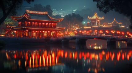 Obraz premium A serene night scene with red lanterns adorning a traditional Chinese temple.