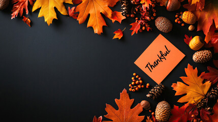 Festive autumn leaves and Thanksgiving decorations on a dark background with a thankful note, perfect for seasonal and holiday-themed projects.