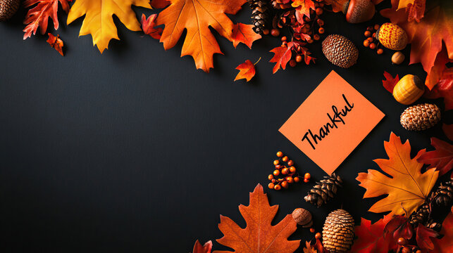 Festive autumn leaves and Thanksgiving decorations on a dark background with a thankful note, perfect for seasonal and holiday-themed projects.