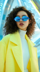 portrait of chic model in a vibrant yellow jacket with curly hair posing confidently in reflective sunglasses in a futuristic urban setting