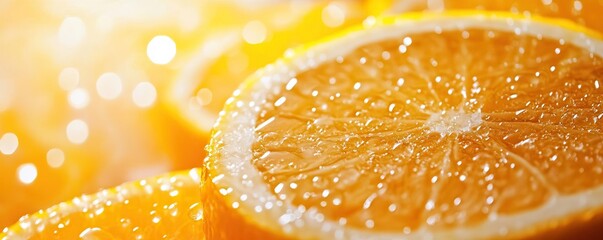 Close-up of freshly sliced orange with glistening droplets, highlighting its vibrant color and juicy texture in a warm, sunny setting.