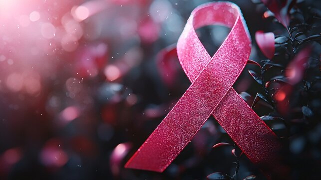 Awareness campaign materials, cancer ribbon, supportive message, close-up