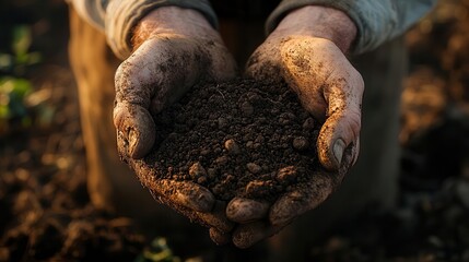 Obraz premium closeup of weathered farmers hands cradling rich dark soil intricate textures of earth and skin sunlight filtering through fingers symbolizing connection to nature