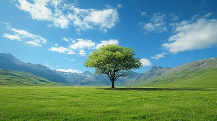 A solitary tree stands majestically in a vibrant green meadow, surrounded by stunning mountain landscapes under a bright blue sky.