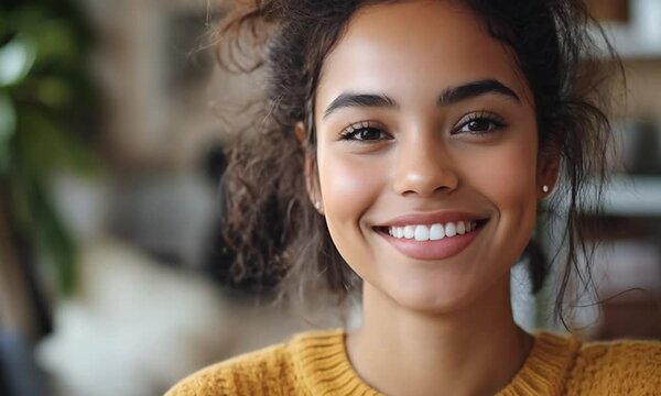 Young woman with curly hair smiling at the camera wearing a yellow sweater