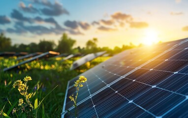 Solar panels in a field at sunset, promoting clean energy.