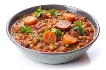 Fototapeta premium A hearty and flavorful bowl of bean soup, featuring sausage, carrots, peas, and fresh parsley. This comforting dish is perfect for a cold winter day.