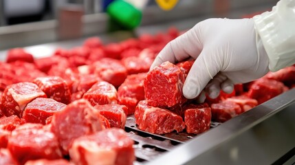 A person is holding a piece of meat in their gloved hand