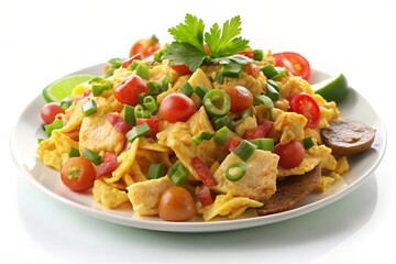 A plate of scrambled eggs with tomatoes, green onions, and herbs. This dish is a delicious and healthy breakfast or brunch option.