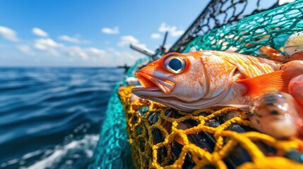 Naklejka premium A fish is on a net in the water