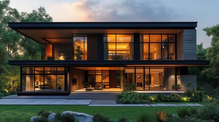 Fototapeta premium contemporary house facade at twilight sleek lines and large windows illuminated from within inviting entrance with lush landscaping epitome of modern architectural design