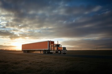 Fototapeta premium semi tractor trailer, against a sunset on the open road, room for copy
