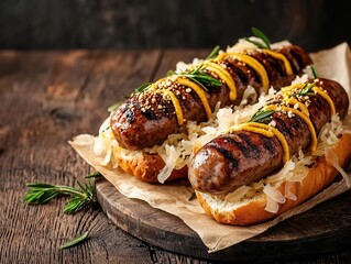 Juicy bratwurst sausages on a bun with sauerkraut, dripping with mustard, hearty and satisfying
