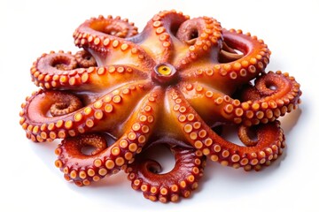 A close-up image of a cooked octopus with its tentacles spread out, showcasing the texture, color, and details of the sea creature. The image emphasizes the freshness and quality of the octopus, perfe