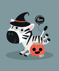 Cute Boo Illustration with Zebra and Magic Hat,Pumpkin Bag,Candy