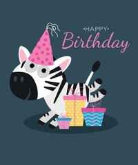 Cute Happy Birthday  Illustration with Zebra and Presents,Party Hat