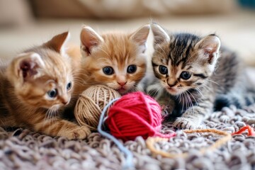 group of kittens playing with ball of yarn, group of kittens playing with ball of yarn